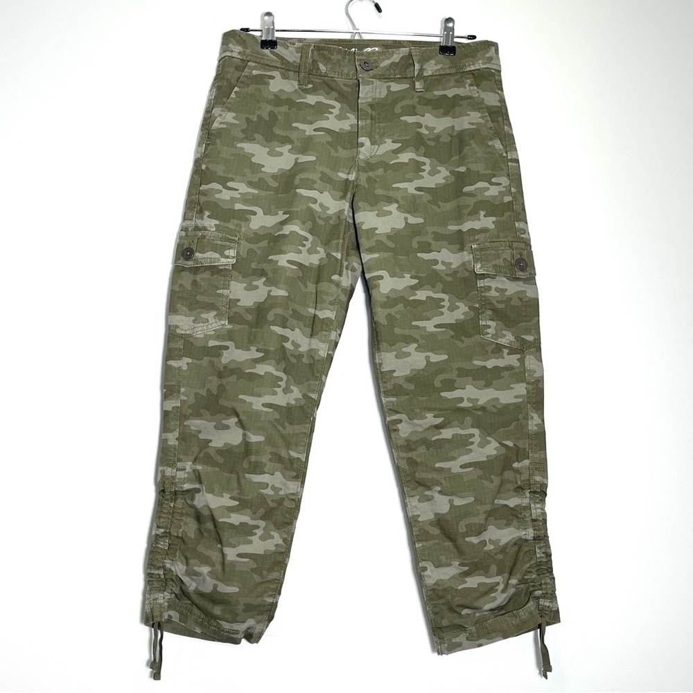 EDDIE BAUER Women Green Camo Cargo Capris Pants Drawstring Gathered Ankle Size 4
